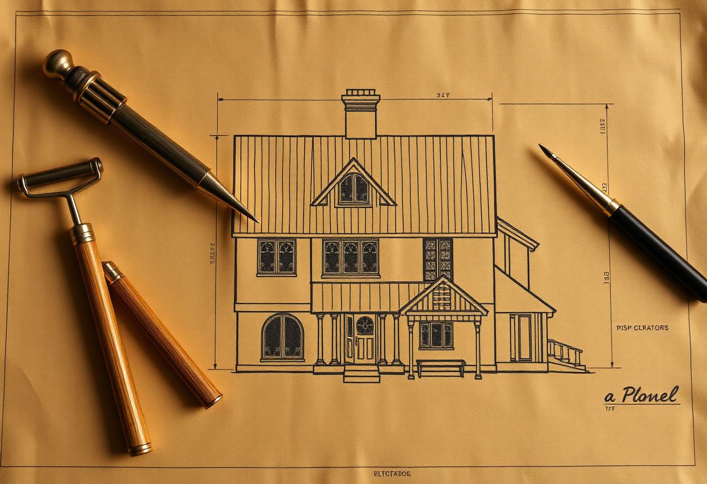 House blueprint with brass drafting tools on a warm linen surface.