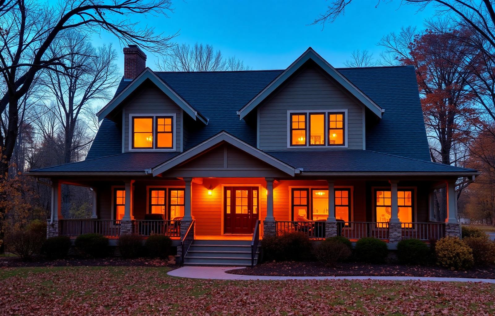 Cozy craftsman house with wraparound porch glowing at dusk.