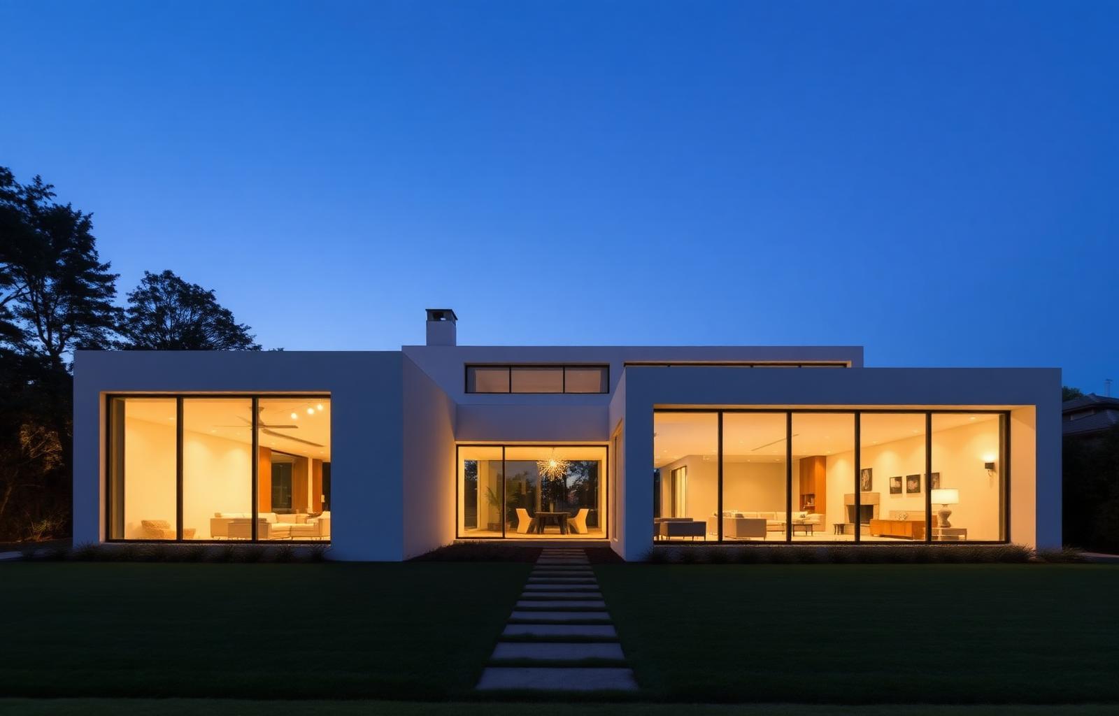 Contemporary minimalist home with large glass walls at twilight.